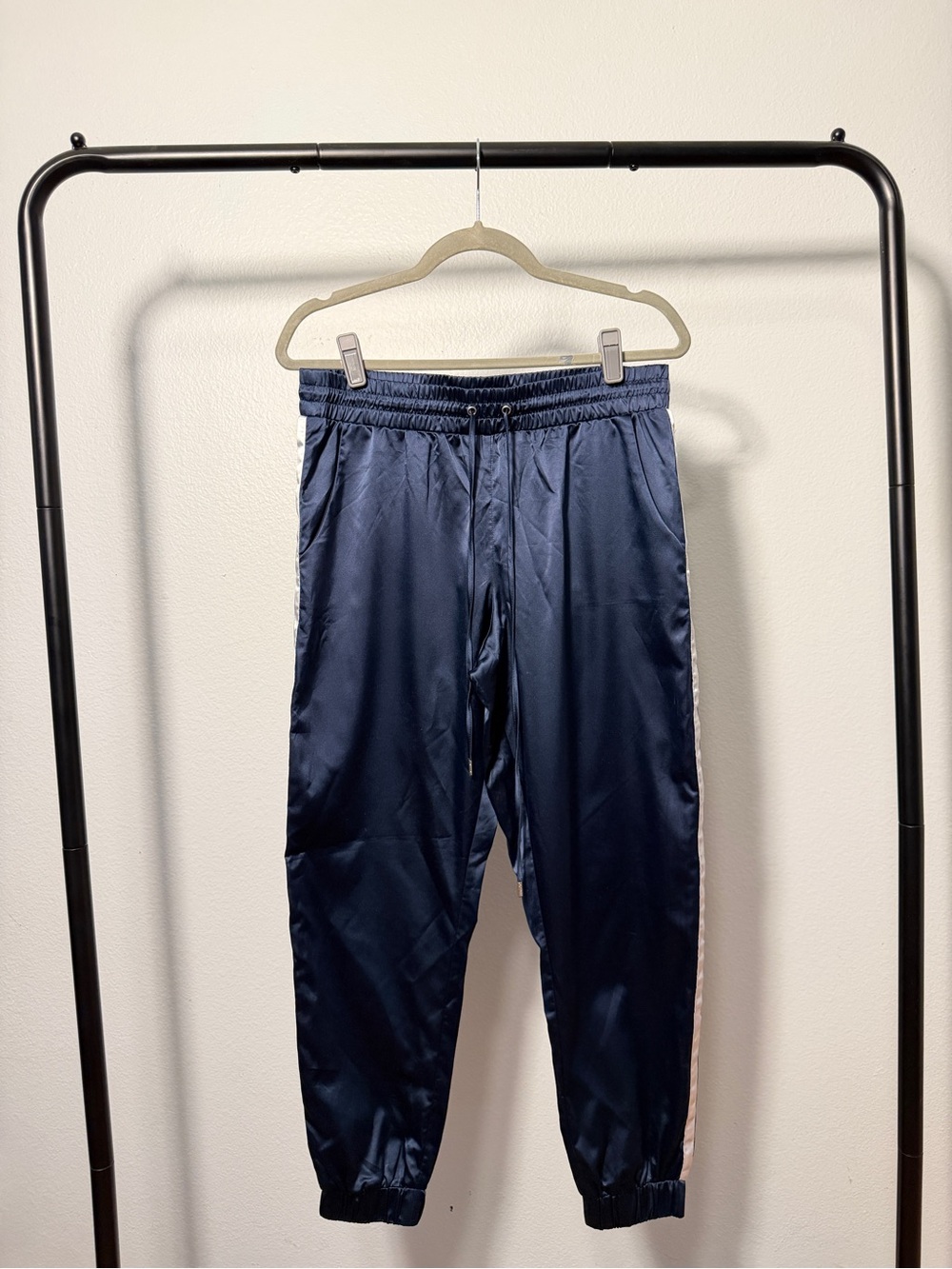 Guess Satin Joggers with Yellow/White Track Stripes in Navy